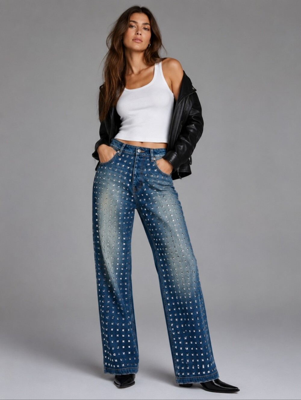 The Kooples Blue Studded Straight Leg Jeans High Rise Punk Rocker Denim 36 NEW